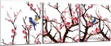 oiseaux en fleur de prune dans les panneaux de Set Peinture à l'huile